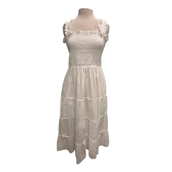 Quince Organic Cotton Eyelet Smocked Midi Dress White Cottagecore Summer L - Picture 2 of 7